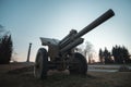 Soviet howitzer. Russian long-range artillery gun in position Royalty Free Stock Photo