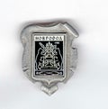 Soviet metal badge with the emblem of the city and the inscription in Russian `Novgorod, 1781` from the series `Cities of the USSR