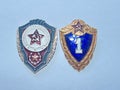 Soviet metal badges of the Soviet Army of the `Specialist 1 class` and `Excellent student of the Soviet Army`. Faleristics