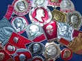 Soviet metal badges with depicting Vladimir Ilyich Lenin Ulyanov, 1870-1924 and the inscription in Russian `Vladimir Lenin`.