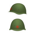 Soviet military helmet with red star of WWII isolated on white background front and side view, green khaki protective helmet