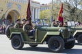 Soviet officers in the car GAZ-67 in the parade in honor of Victory day. Saint Petersburg