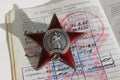 Soviet order. Red Star and soldier document Royalty Free Stock Photo