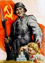 Soldier and kid poster from World War II. USSR propaganda. Soviet flag illustration. Royalty Free Stock Photo