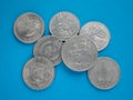 Soviet ruble coins, commemorative issue on blue background. World coins. Old Anniversary Rubles Royalty Free Stock Photo