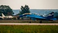 Soviet-Russian carrier-based multi-role fighter MiG-29K NATO - Fulcrum-D on runway before takeoff.