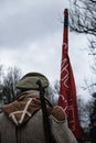 Soviet soldier and flag Royalty Free Stock Photo