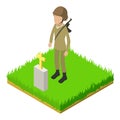Soviet soldier icon isometric vector. Soldier man in uniform stand near grave