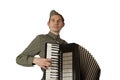 Soviet soldier playing the accordion over white background Royalty Free Stock Photo