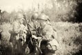 Soviet soldiers of the Second World War during the battle for the reconstruction of the battlefield to celebrate the Victory Day Royalty Free Stock Photo