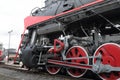 Soviet steam locomotive. View along, closeup. Chassis