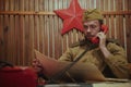 Soviet times military Soldier with Phone in the headquarters bunker