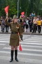 Soviet traffic controllers in uniform of World War II indicates the direction