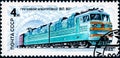 Stamp printed in the former Soviet Union featuring an electrified locomotive train