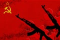 Soviet Union flag and two black AK-47 rifles in red blood. Concept for terror attack or military operations with lethal outcome