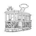 Soviet wooden old tram of the 40s with one headlight, museum exhibit, black ink lines