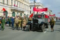 Soviet ZiS-5 truck takes part in the retro transport parade in honor of Victory Day on Nevsky Prospekt