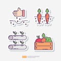 sow seed plan, carrot vegetable in soil, hydroponics farming, vegetables in wood box. Agriculture and farming sticker icon set.
