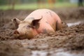 sow wallowing in shaded mud