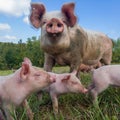 Sow watches the piglets in the meadow. Organic piggies on the organic rural  farm. Rural piglets roam in field. Squeakers graze Royalty Free Stock Photo