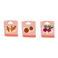 Sowing seeds. Garden package of seeds. Tomato, carrot, beet seeds. Isolated vector illustration on white background.