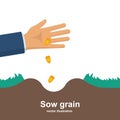 Sows grain. Man holds grain for sowing.
