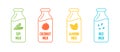 Soy, almond, coconut and rice milk logotype set in bottle linear form. Packaging badge design elements. Hand drawn