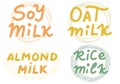 Soy, Almond, Oat, Rice Milk. Vector set or logos, labels, badges, stickers. Vector illustration isolation on white background. Royalty Free Stock Photo