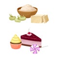 Soy Bean with Tofu Cheese and Confectionery with Cake and Candy Vector Set