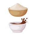 Soy Flour in Bowl and Sauce as Natural and Organic Product from Soybean Plant Vector Set