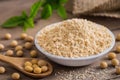 Soy flour in bowl and soybean Royalty Free Stock Photo