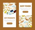 Soy food mobile app templates set. Soybean products landing page, web banner cartoon vector Royalty Free Stock Photo