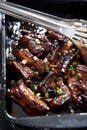 Soy glazed bbq pork ribs decorated with green onions. Sticky, juicy and delicious Royalty Free Stock Photo