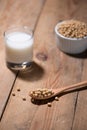 Soy milk or soya milk and soy beans in spoon on wooden table. Royalty Free Stock Photo