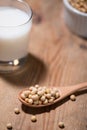 Soy milk or soya milk and soy beans in spoon on wooden table. Royalty Free Stock Photo