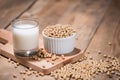 Soy milk or soya milk and soy beans in spoon on wooden table.