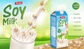 Soy milk with splash isolated on sunny bokeh background. Paper carton organic milk products package design. 3d Vector Royalty Free Stock Photo