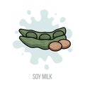 Soy milk. Vector flat illustration. Healthy vegetarian drink. Soybean on a milk splashing