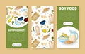 Soy products banner templates set. Vegan protein natural healthy dietary products flyer, leaflet, brochure template with Royalty Free Stock Photo