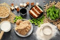 Soy products on black background. Vegan healthy food Royalty Free Stock Photo