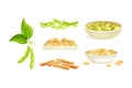 Soy Products with Legume Pod, Beans in Bowl and Meat Slabs Vector Set