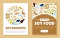 Soy products mobile app templates set. Vegan protein healthy dietary meal web banner, card cartoon vector Royalty Free Stock Photo