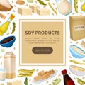 Soy products web banner template. Vegan protein meal for healthy diet landing page, website cartoon vector