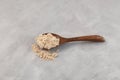 Soy Protein isolate or Defatted Soya flour in wooden spoon. Pure powder from soybean used in food industry, scattered on