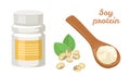 Soy protein set. Soy protein bottle, spoon with powder and soybeans isolated