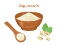 Soy protein in wooden bowl, spoon with powder and soybeans isolated