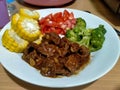 soy sauce beef with stewed broccoli and corn Royalty Free Stock Photo