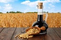 soy sauce in bottle with dry soybeans in scoop on table
