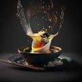 Soy sauce flying from the shell of a sushi on a black background