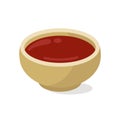 Soy sauce in a saucer, vector icon. Salty fermented seasoning in a wooden bowl. Delicious Japanese condiment for sushi